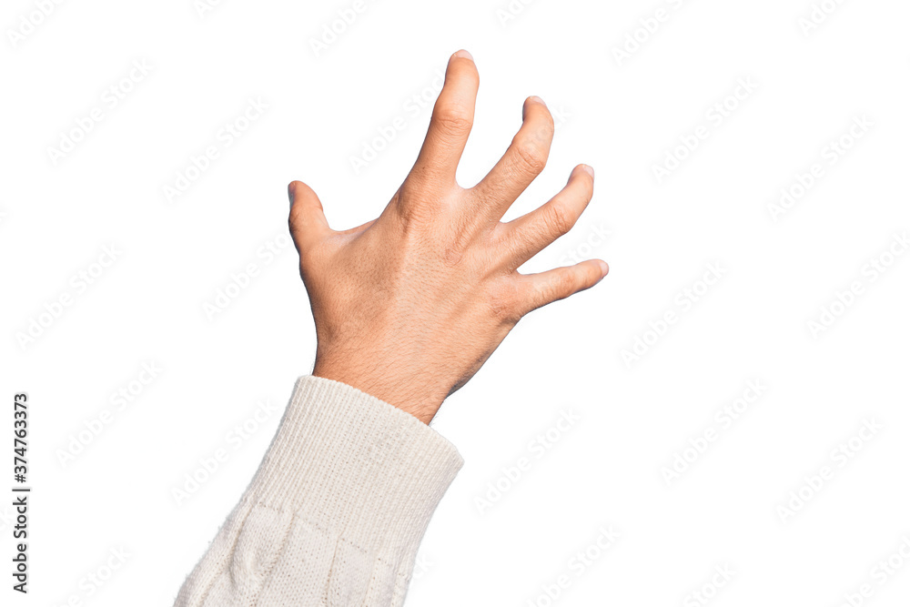 Hand of caucasian young man showing fingers over isolated white background grasping aggressive and scary with fingers, violence and frustration Hand of caucasian young man showing fingers over isolated white background grasping aggressive and scary with fingers, violence and frustration