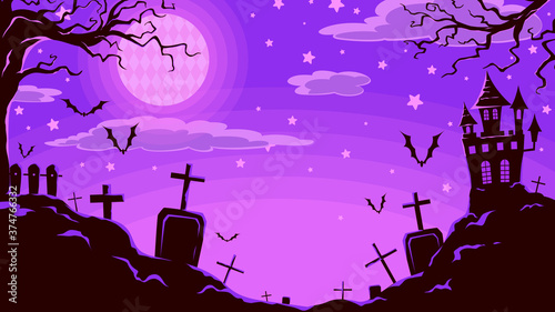 Night Halloween abstract background. Castle, spooky tree, forest, tomb, gravestone, bat, silhouette element. Purple-black tone. Vector Illustration, background, decoration and wallpaper.