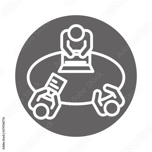 workers gathering together for conversation, coworking office business workspace, block and line icon