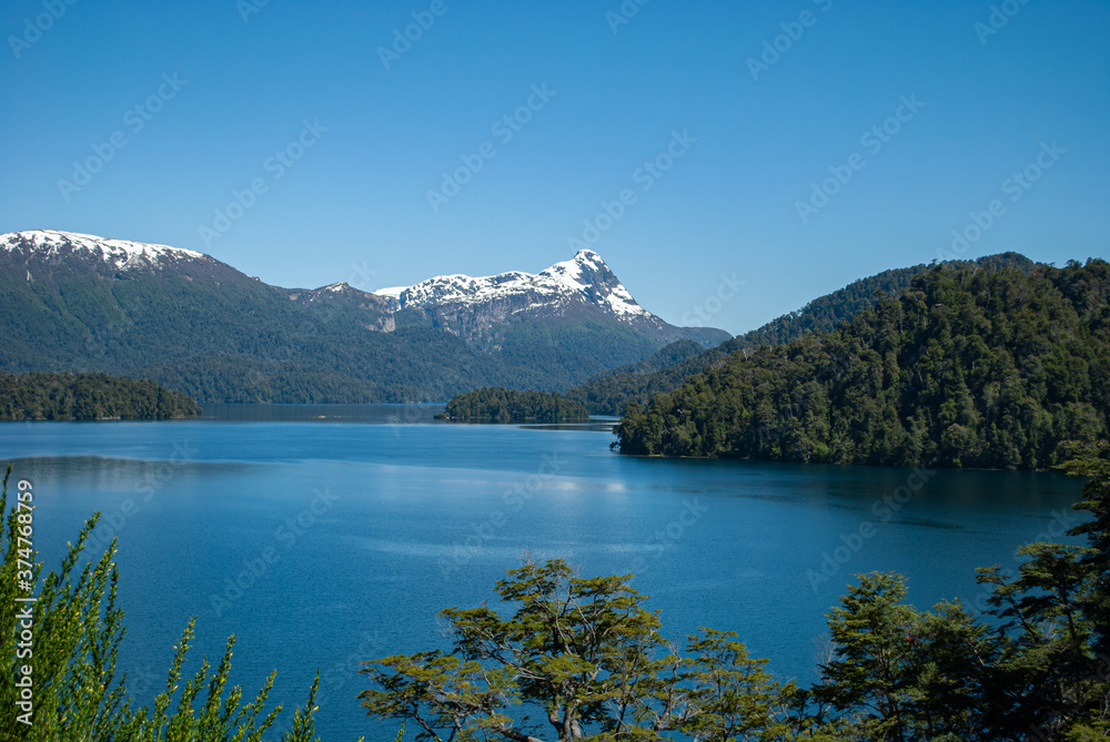 Patagonian lake surrounded by pine forests and snowy mountains in the background