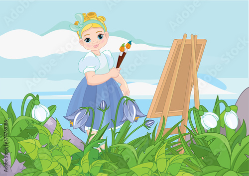 Beautiful girl artist painting on canvas
