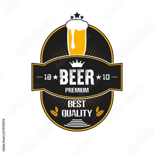 Beer logo. Pattern for design emblem, icon, label, banner. Print on t-shirt graphics. Design template on isolated background. Vintage style. Vector illustration