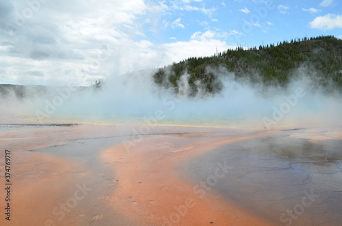 Late Spring in Yellowstone National Park: Steamy Grand Prismatic Spring and Streamers in the Excelsior Group of Midway Geyser Basin