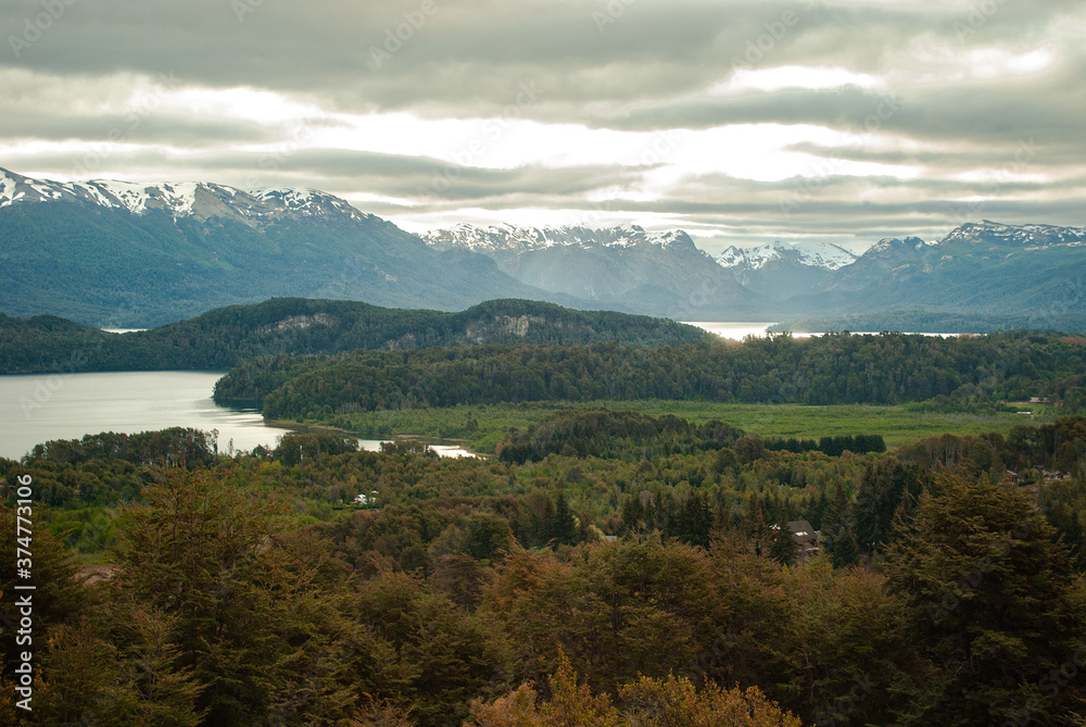Patagonian lake surrounded by mountains and pine forests