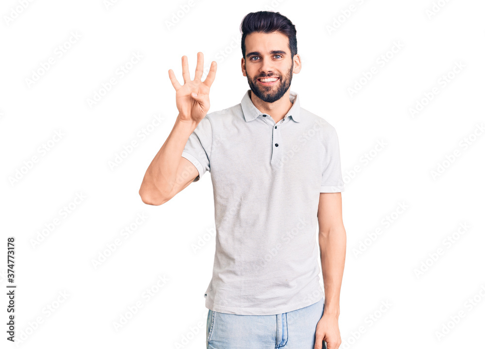 Young handsome man with beard wearing casual polo showing and pointing up with fingers number four while smiling confident and happy. Young handsome man with beard wearing casual polo showing and pointing up with fingers number four while smiling confident and happy.
