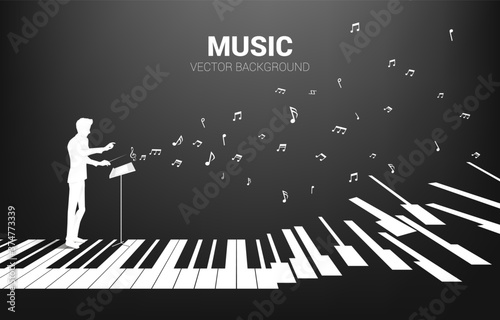 Vector silhouette of conductor standing with piano key with flying music note . Concept background for piano concert and recreation.