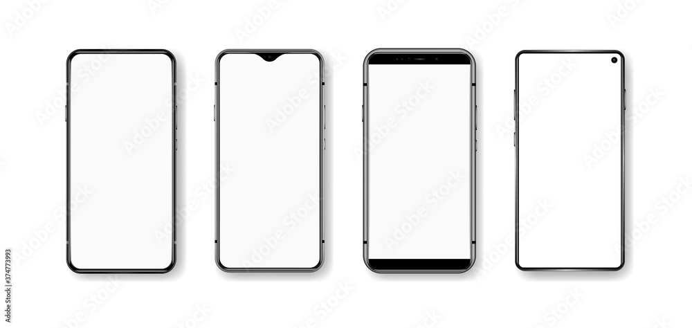 Frontal smartphones with shadows, flare and blank screen made in 3D realistic style. Various mobile phone mockups. Smartphone no frame for presentation UI, web, app. Realistic Cell phone vector set. Frontal smartphones with shadows, flare and blank screen made in 3D realistic style. Various mobile phone mockups. Smartphone no frame for presentation UI, web, app. Realistic Cell phone vector set.