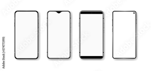 Frontal smartphones with shadows, flare and blank screen made in 3D realistic style. Various mobile phone mockups. Smartphone no frame for presentation UI, web, app. Realistic Cell phone vector set.