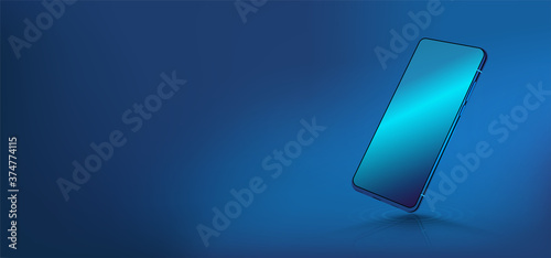 Blue 3D smartphone mockup on blue background. Concept modern technology. Smartphone perspective view with blank screen for UI, UX, Web presentation. Mobile phone mockup. Vector telephone