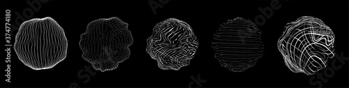 Retrofuturism set of fluid geometric shapes. Circles and spheres of particles and wavy lines with the effect of liquid, glitch, destruction. Abstract Sci, Sky-fi, technology elements. Vector 