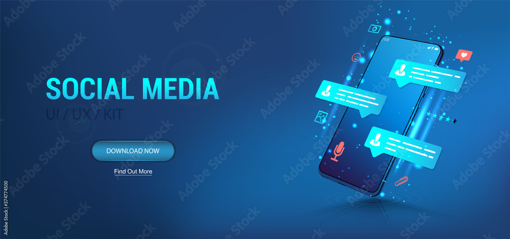 Social network and Social media illustration concept. Chatting and communication on modern app. Mobile phone mockup with likes, message bubbles and icons. UI app social media. Vector blue web banner
 - obrazy, fototapety, plakaty 
