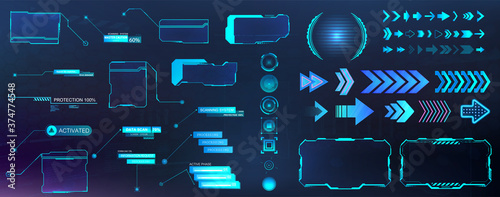 GUI, HUD, UI futuristic elements set. Callouts, buttons, futuristic bar labels, information call box bars, arrows neon, frame screen. Futuristic user elements. Vector HUD colorful set