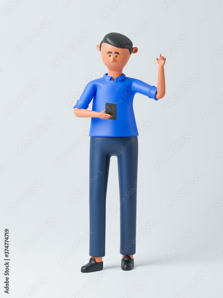 Cartoon character woman with smartphone. 3d rendering
