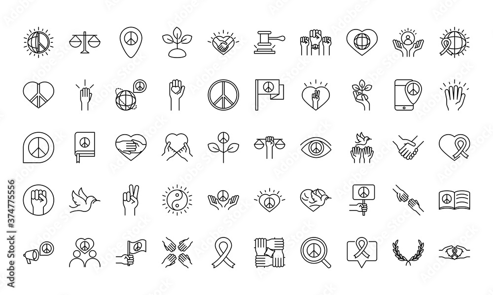 human rights day, line icons set design, included world love peace hands message