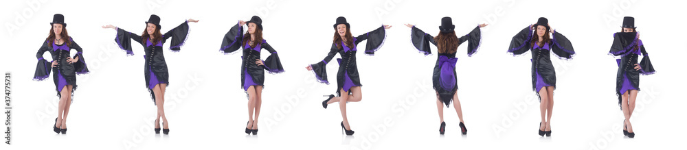 Fototapeta premium girl wearing violet and black dress isolated on white
