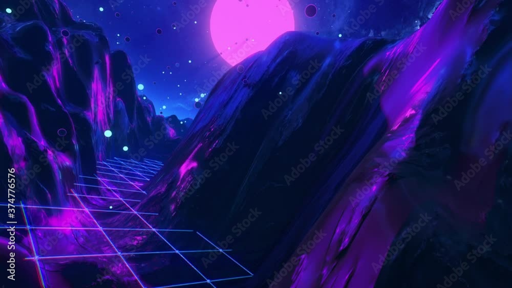 Futuristic flight through trippy landscape seamless loop. High quality 3D animation with mountains, grid, balls for EDM music video, live show, VJ background. 60 fps psychedelic flythrough in 4k