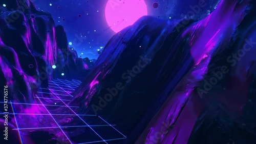 Futuristic flight through trippy landscape seamless loop. High quality 3D animation with mountains, grid, balls for EDM music video, live show, VJ background. 60 fps psychedelic flythrough in 4k
