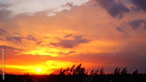 Beautiful orange sky and sunset over the mountains, Birds flying and the wind blowing,  Nature scenery landscape background.