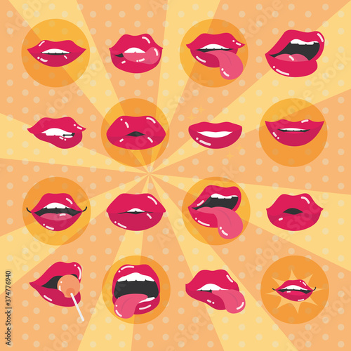 pop art women sexy mouth and lips, sunburst background, flat icon design