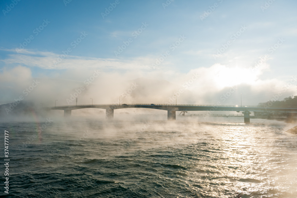 A fantastic image of fog down the river was shot in Japan
