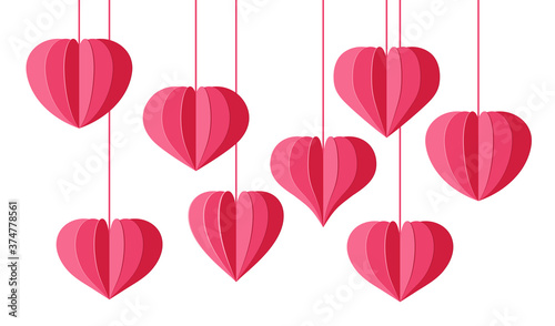 Pink Heart paper cut 3d effect background. Valentines Day, love romantic symbol, decorative element for wedding invitation card. Origami hearts, folded chinese lantern. Isolated vector illustration