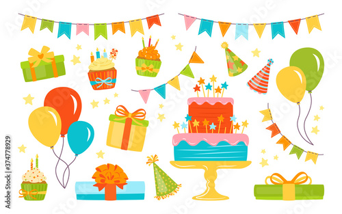 Birthday party elements set. Colorful balloons, flat celebration food and candy. Cartoon present cake, candle, gift box, cupcake. Party design elements, balloons and sweets, dessert. Isolated vector