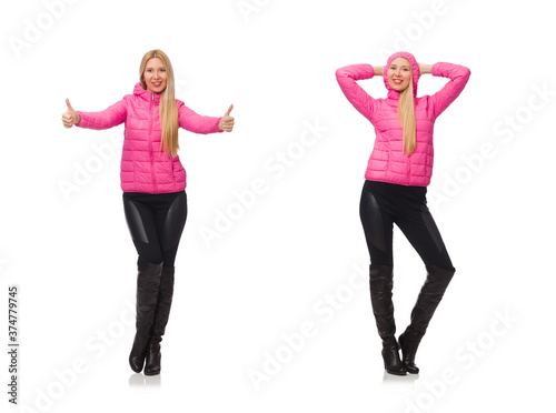 Pretty girl in winter pink jacket isolated on white