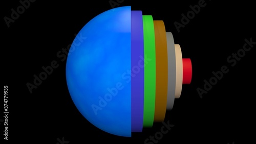 Cross section view of sphere with multiple layers . Ball with internal shells . Sphere with interior layers inside.
3d rendering illustration