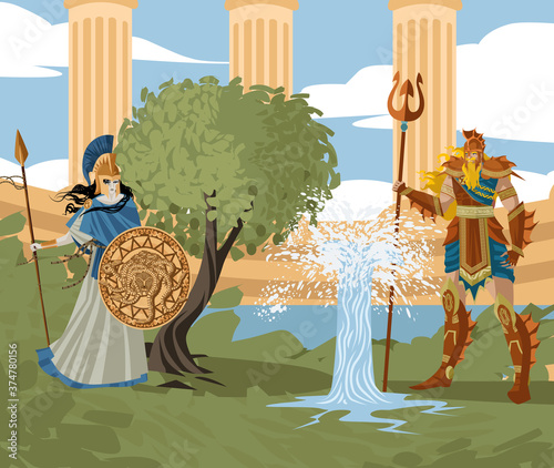 myth of foundation of greece with athena with an olive tree and poseidon with a salt fountain