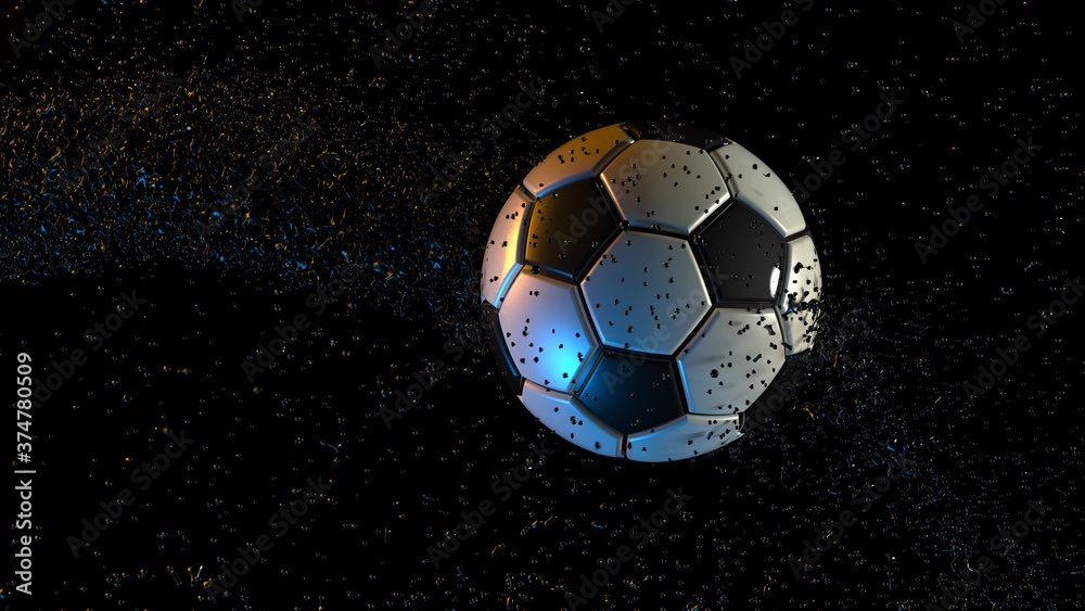 Fototapeta premium Soccer Ball with Particles under Orange-Blue lighting background. 3D illustration. 3D high quality rendering. 3D CG.