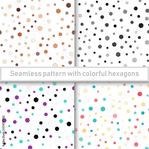 Set of seamless patterns with colorful hexagons. Vector