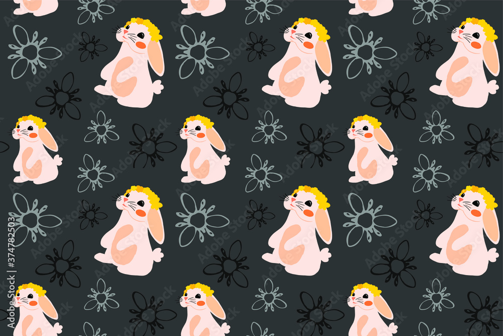 plano de fundo da pascoa, coelhos fofos, fundo cinza, coelho rosa claro, coroa de flores amarela