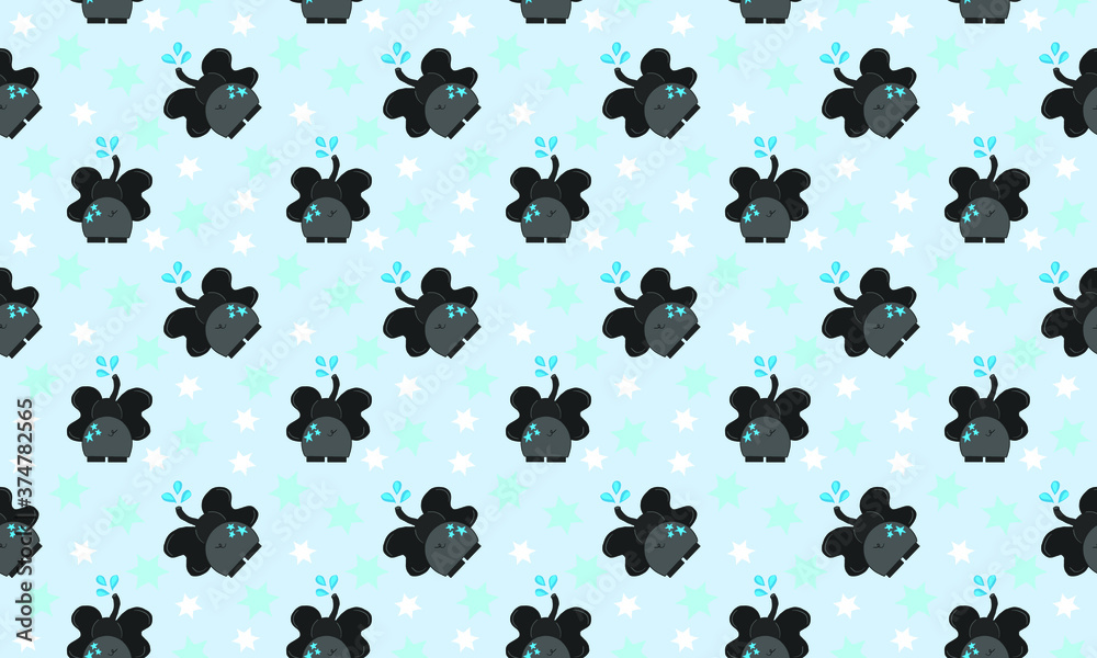 plano de fundo infantil com desenhos de elefantes de costas expelindo agua pela tromba, fundo azul claro, animais cinzas, animais africanos