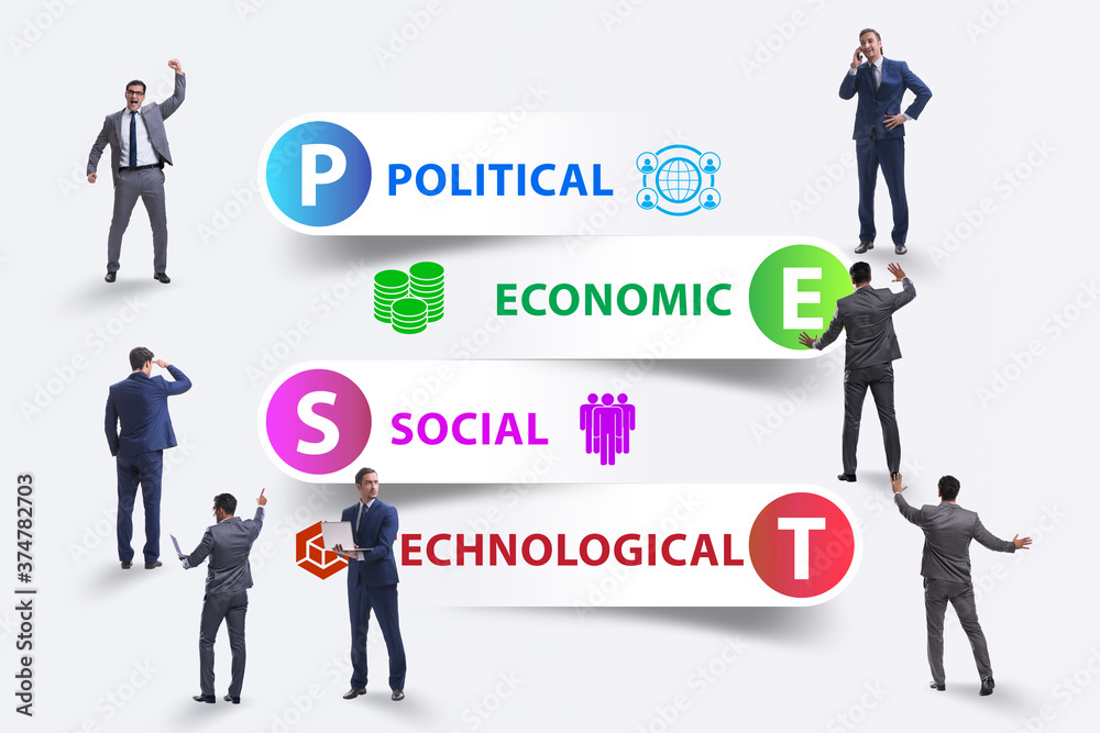 Fototapeta premium Businessman in PEST analysis business concept