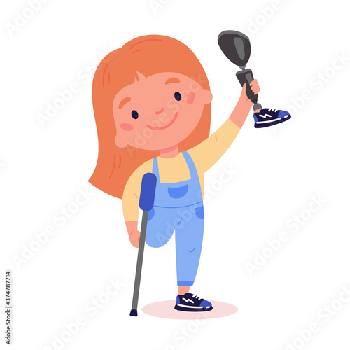 Disabled girl on crutches presents a prosthesis.Little kid with artificial limb isolated cartoon character on white background.Advertising concept.Vector flat style cartoon illustration.