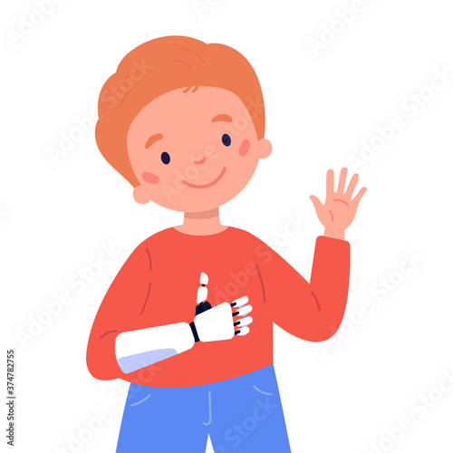 Disabled boy presents a prosthesis.Little kid with artificial limb isolated cartoon character on white background.Happy boy shows Like.Advertising concept.Vector flat style cartoon illustration.