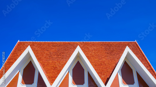 Obraz na plátně Low angle and front view of 3 gable roofs on top of Thai traditional pavilion ag