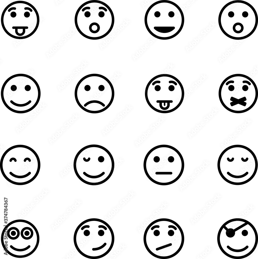 Big collection, set of 16 different Emoji Icons Face Expression Illustrations . Design in Minimal Style isolated on white background EPS Vector