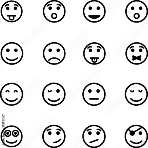 Big collection, set of 16 different Emoji Icons Face Expression Illustrations . Design in Minimal Style isolated on white background EPS Vector