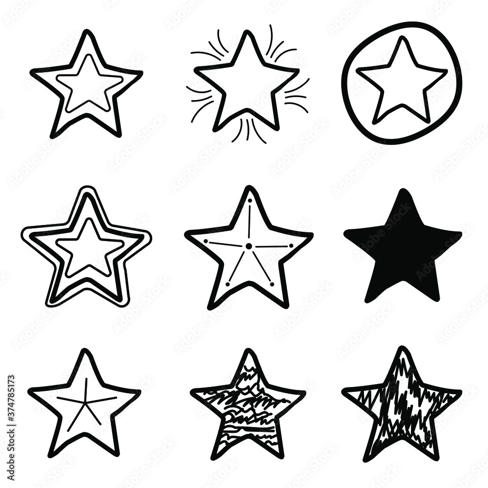 Fototapeta premium Set, collection of 9 different hand drawn stars, rough handmade, black doodles EPS Vector