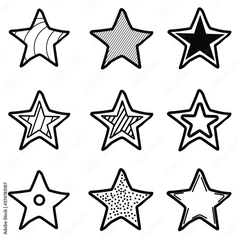 Set, collection of 9 different hand drawn stars, rough handmade, black doodles EPS Vector Set, collection of 9 different hand drawn stars, rough handmade, black doodles EPS Vector