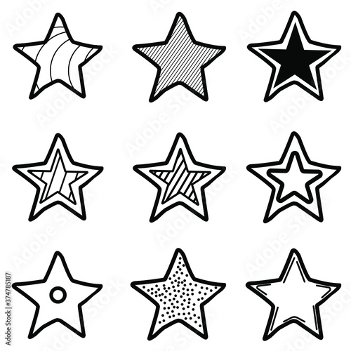 Set  collection of 9 different hand drawn stars  rough handmade  black doodles EPS Vector