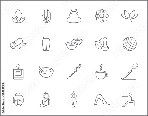 Set of yoga and spa icons line style. It contains such Icons as wellness, pose, beauty, peace, therapy and other elements.