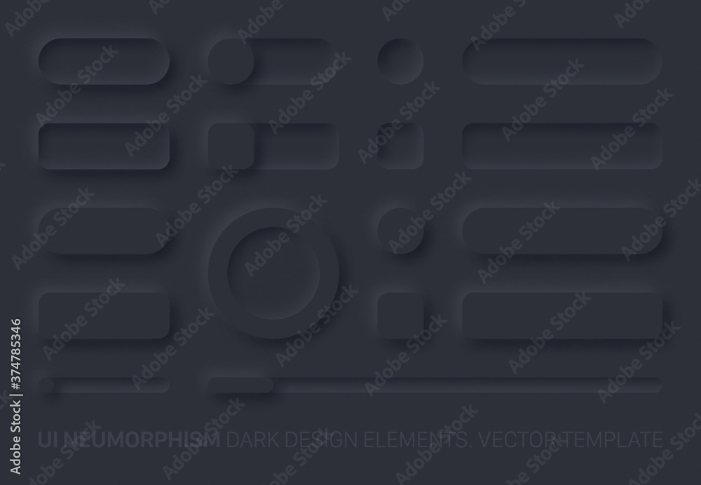 Neumorphic Vector UI Design Elements Set Dark Version. UI Components And Shapes Buttons, Bars, Switchers, Sliders In Simple Elegant Trendy Neomorphic Style For Apps, Websites, Interfaces - obrazy, fototapety, plakaty 