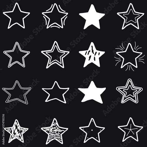 Big set, collection of 16 different hand drawn stars, rough handmade, black doodles EPS Vector