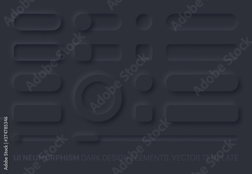Neumorphic Vector UI Design Elements Set Dark Version. UI Components And Shapes Buttons, Bars, Switchers, Sliders In Simple Elegant Trendy Neomorphic Style For Apps, Websites, Interfaces
