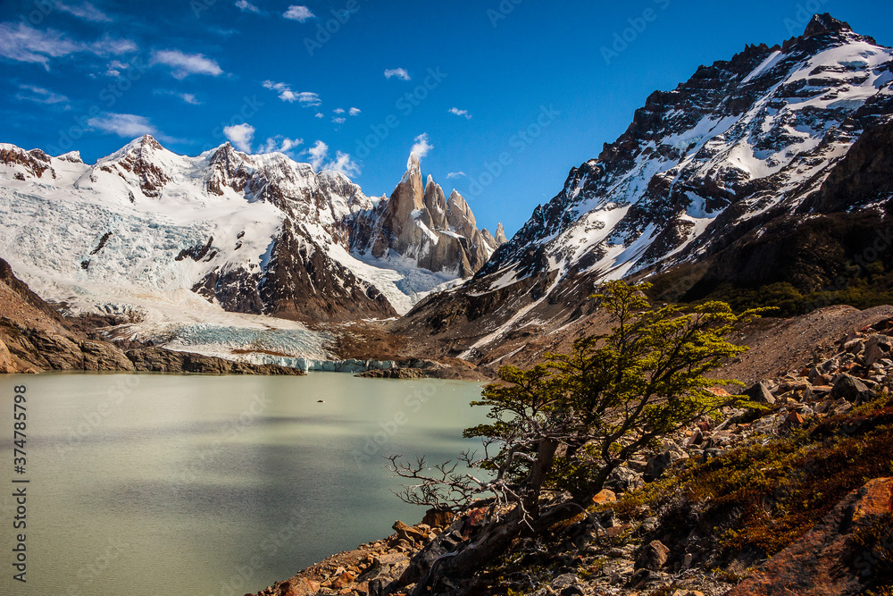 Landscape in Patagonia, the Cerro Torre in the city of El Chalten, Argentina. Beautiful sky over mountains with snow and a lake.