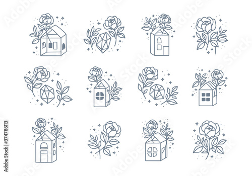 Set of vector feminine logo design in trendy linear minimal style. Rose flowers, home, crystal, gem, and stars. Symbols and icons for cosmetics, jewellery, wedding card, beauty and handmade products