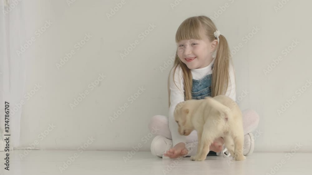 Little girl sits and calls to her Labrador puppy Little girl sits and calls to her Labrador puppy