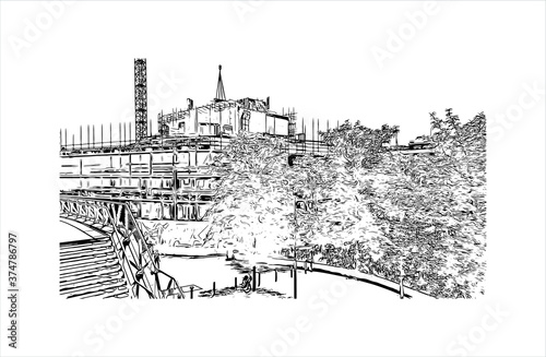 Building view with landmark of Arnhem is a city and municipality situated in the eastern part of the Netherlands. Hand drawn sketch illustration in vector.